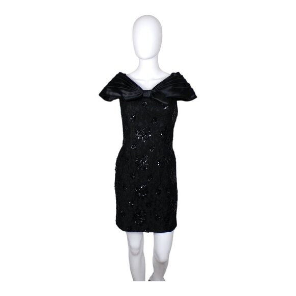 Vintage 70's/80's Cache Sequin Cocktail Dress Off Shoulder Satin Bow Sz 6 #792 - Picture 2 of 12